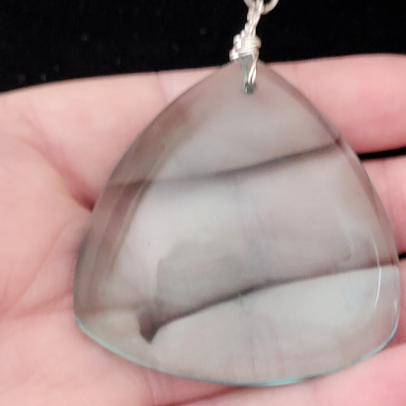 Clear Blueish Glass Pendant on Silver Tone Large Link Chain - Picture 2 of 16
